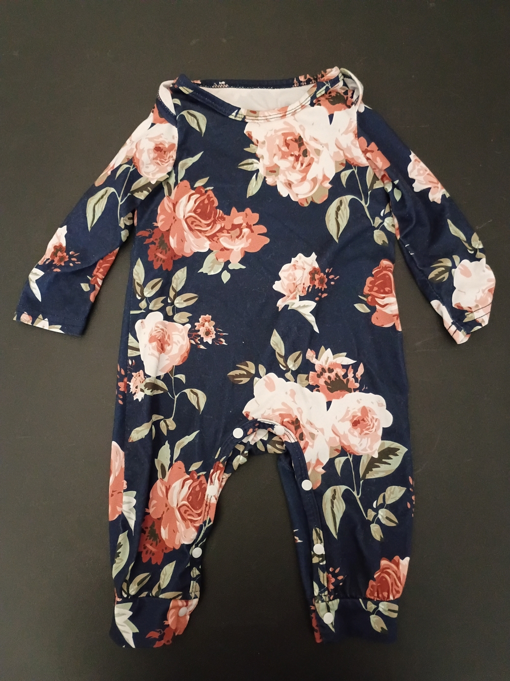 SHEIN Baby Girl Vintage Floral Romper – Navy Blue Long Sleeve Snap-Closure Jumps